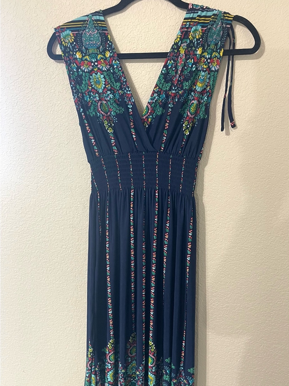 Sleeveless Navy Floral Dress with V-Neck